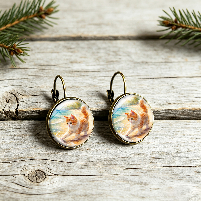 3pcs Orange Cat Playing Water Necklace and Earrings Set